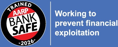 2026 Trained AARP Bank Safe logo with text "Working to prevent financial exploitation"