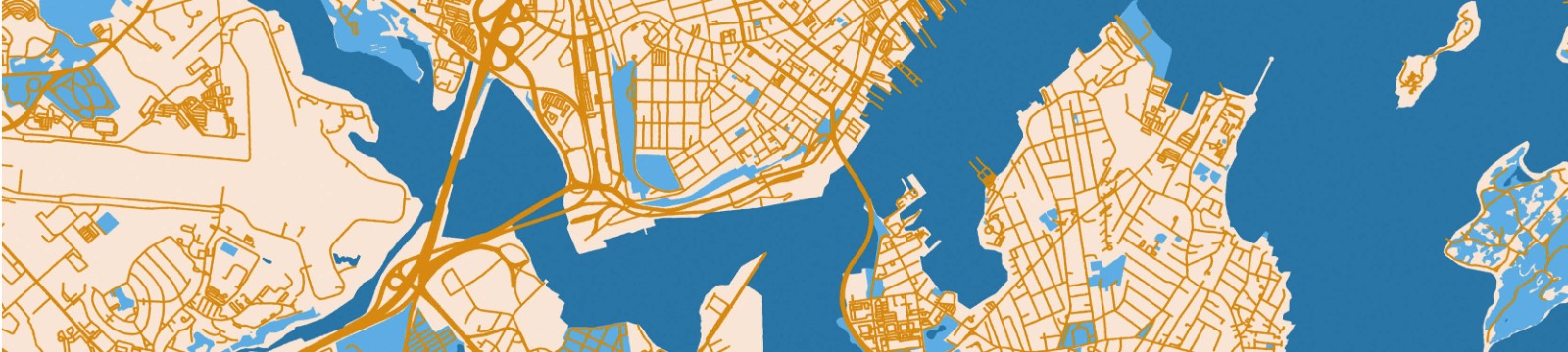 Blue and yellow close up map of Portland, Maine.